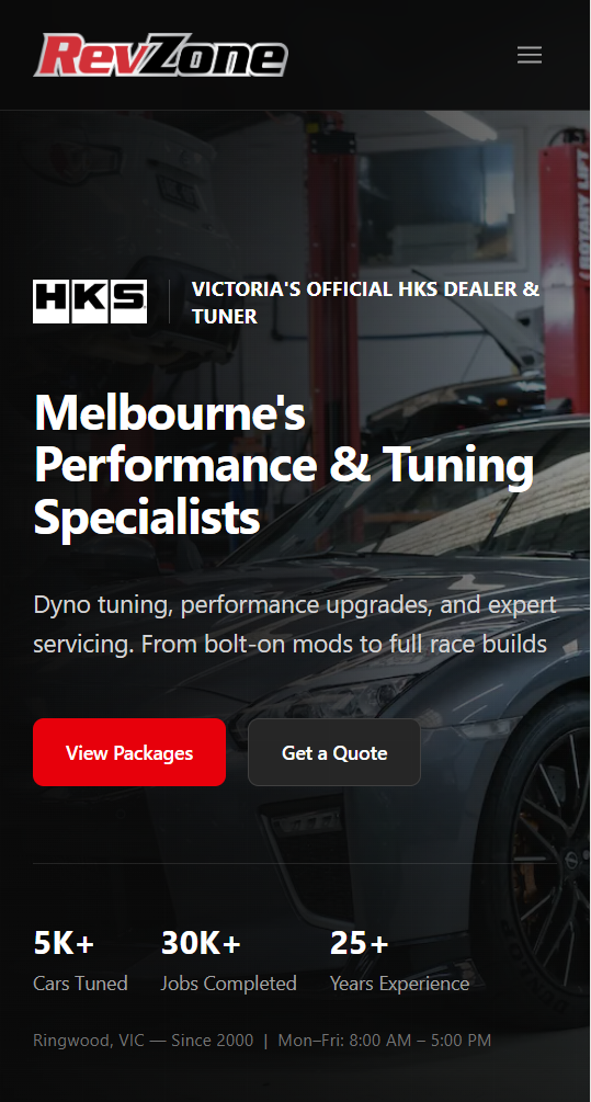 RevZone website on mobile