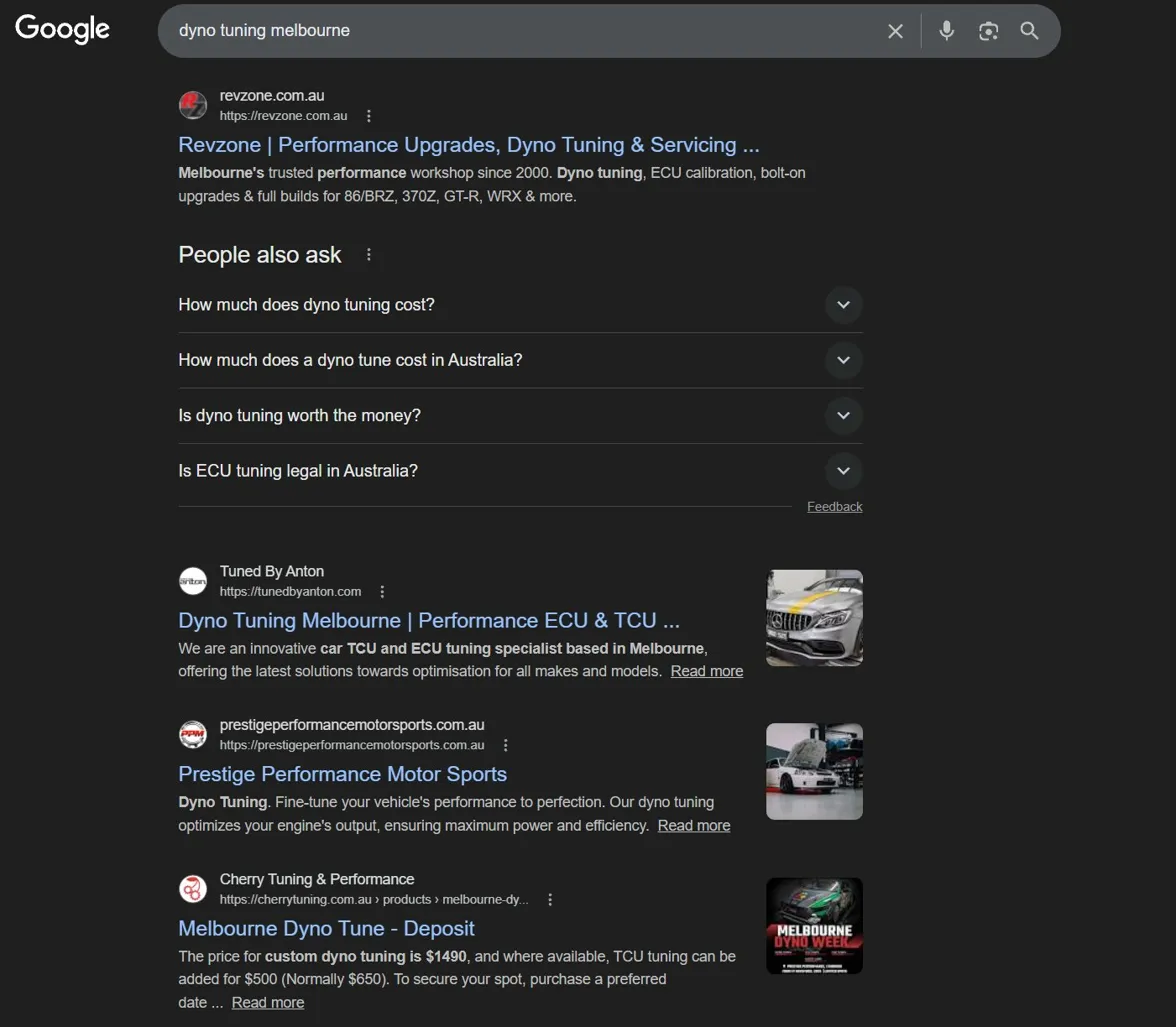 RevZone ranking #1 on Google for dyno tuning Melbourne